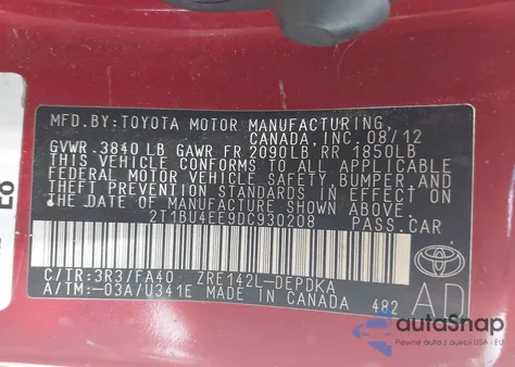 2013 Toyota Corolla L from USA, damaged, VIN 2T1BU4EE9DC930208